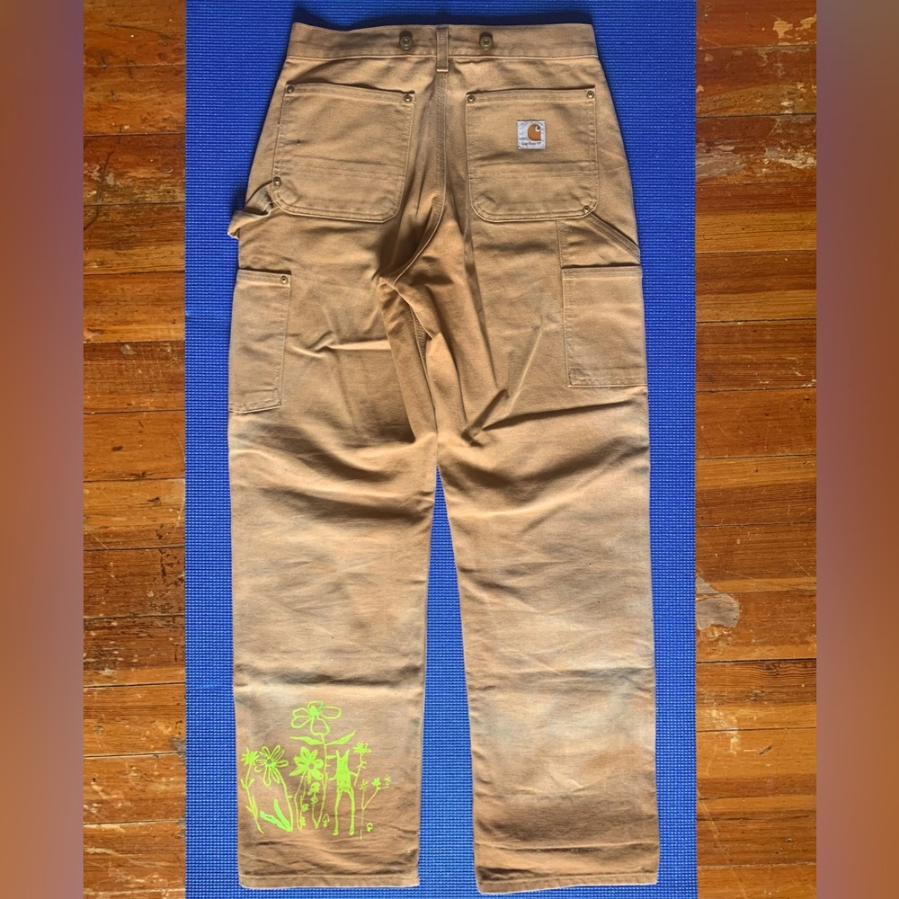 Carhartt Canvas Work Pants w/Designs Khaki Brown Vintage USA Skeleton Flowers 28